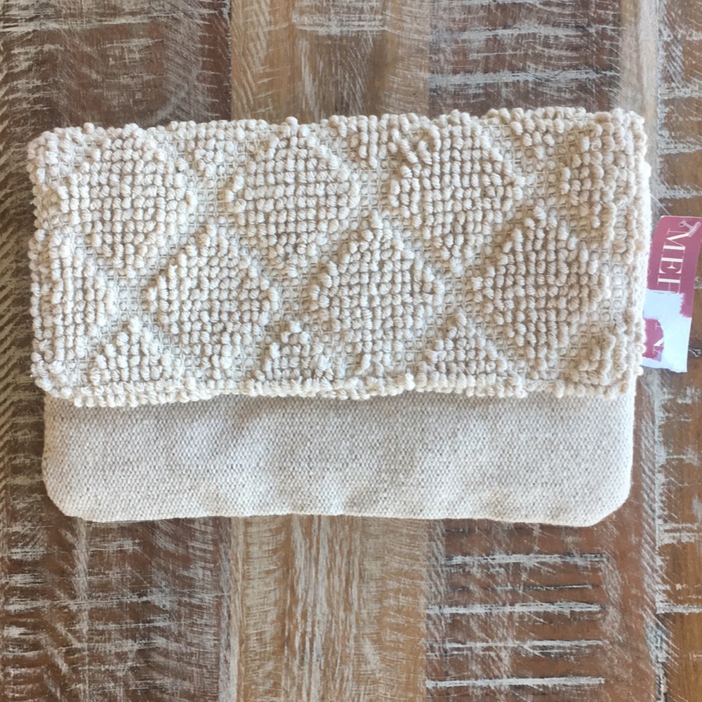 Merona Target boho woven tufted jute cream clutch